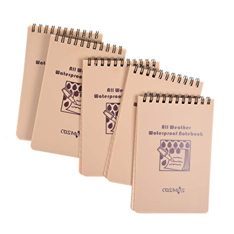 Cosmos ® Pack of 5 Kahki Tactical All-weather Waterproof Pocket Notebook / Notepad, size in 6 x 4 inches.