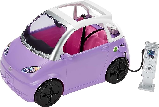 Barbie Toy Car "Electric Vehicle" with Charging Station, Plug and Sunroof, Purple 2-Seater Transforms Into Convertible (Amazon Exclusive)