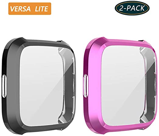 (2-Pack) KPYJA for Fitbit Versa Lite Edition Screen Protector Case, TPU Plated Case All-Around Protective Screen Full Cover Bumper Compatible Fitbit Versa Lite Edition Smartwatch (Black/Purple)