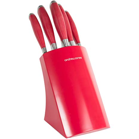 Andrew James Kitchen Knife Block | 5 Stainless Steel Knives | Red