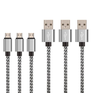 Galaxy S7 Edge Charger,Pack-3 6ft 2m Long Braided Fiber Universal Micro USB Charger Cord Android Phone & Tablet Charging Cable for Samsung Galaxy Prevail LTE HTC M9 LG G4 Huawei Mate 2 P8 etc Silver