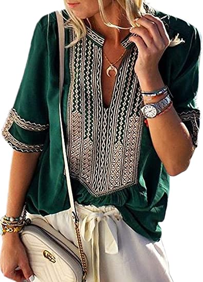 FARYSAYS Women's Summer Boho Embroidered V Neck Short Sleeve Casual T-Shirt Tops Loose Blouse