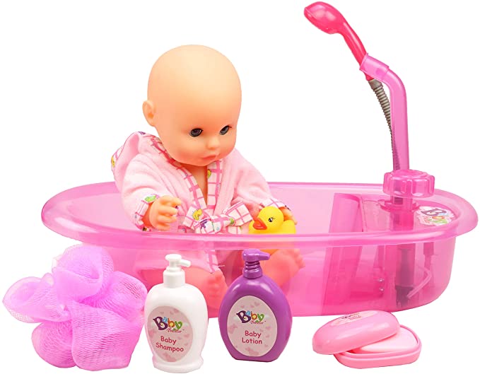 Smart Novelty Baby Doll Bathtub Set with Working Shower Head - Doll Comes with Accessories for Bath Time - Pretend Play Toy Doll Bathing Set Great Gift for Kids and Toddlers