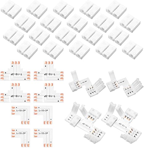 28 Pieces LED Strip Connector 3 PIN 10 mm Solderless LED Light Connector L Shape LED Lights Extension T Shape Solderless LED Adapter Connectors for WS2811 WS2812B SK6812 LED Strip