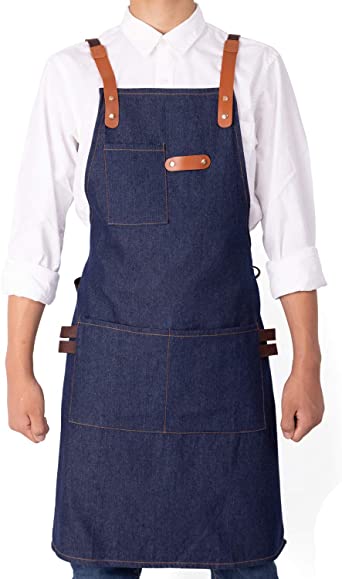 NEOVIVA Stylish Denim Apron for Chef Women Men with Multi-Purpose Tool Pockets, Professional Grilling BBQ Aprons