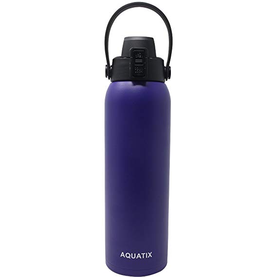 New Aquatix (Purple / Lavender, 32 Ounce) Pure Stainless Steel Double Wall Vacuum Insulated Sports Water Bottle Convenient Flip Top Cap with Removable Strap Handle - Keeps Drinks Cold 24 hr / Hot 6 hr