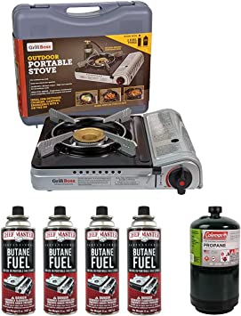 Grill Boss 90057 Dual Fuel Camp Stove Combination Pack | Includes 4 x 8 oz. Tins of Butane Fuel | Stove Works with both Butane and Propane | Perfect for Camping & Hiking | Single Burner 12k BTU Output | Single Burner Dual Fuel Camp Stove