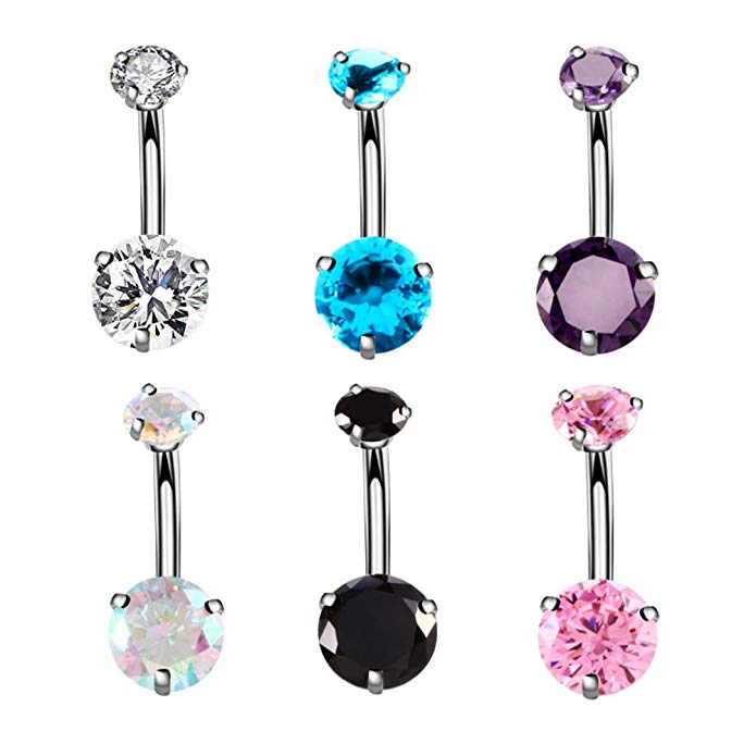YHMM 14G Surgical Steel Belly Button Rings Round Cubic Zirconia Navel Barbell Stud Body Piercing 2-6 Pcs