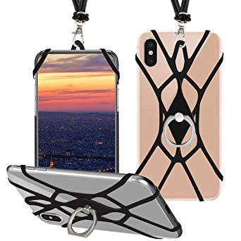SHANSHUI Cell Phone Lanyard, Silicone Case Finger Ring Stand Stretchy Holder with Detachable Neck Strap Universal for iPhone X XS SE 5s 5 6 7 8 Plus and Most Smart Phones (Black)