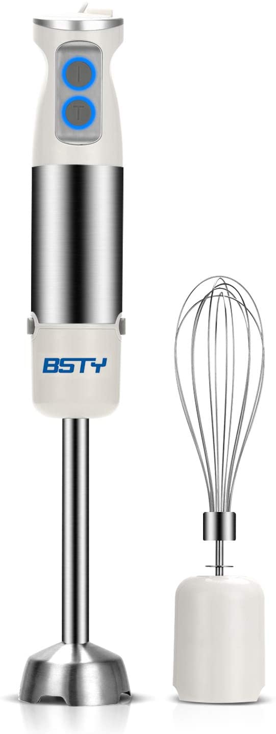 BSTY Immersion Hand Blender 2-in-1 6-Speed Stick Blender Handheld with Stainless Steel Blades, BPA-Free, Egg Whisk for Puree Baby Food, Smoothies, Sauces and Soups - White