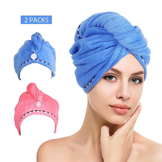 Htovila 2pcs Soft Microfiber Quick Dry Hair Drying Towels Water-Absorbent Dry Hair Cap Bath Shower Wrap Turban Towel with Button for All Hair Types and Lengths