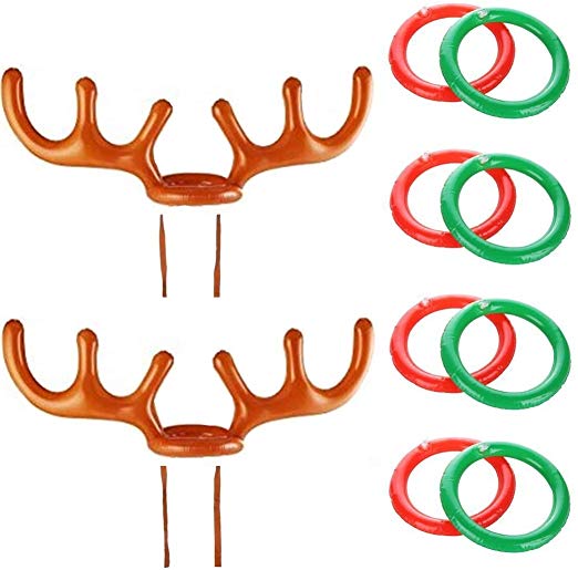 COSORO 2Pcs Christmas Party Inflatable Reindeer Antler Hat Ring Toss Game With Rings For Family Kids Office Xmas Holiday New Year Party Fun Games