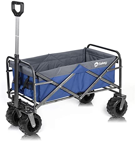 Sekey Foldable Cart Folding Wagon Outdoor Wheelbarrow Beach Cart All Terrain Utility Wagon Outdoor Garden Trailer Transport Trolley (Blue with Gray)