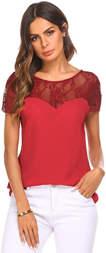 Zeagoo Women's Casual Floral Lace Chiffon Blouse Tops