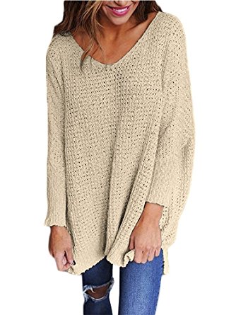 Chuanqi Women Oversized Knitted Sweater Long Sleeve V-Neck Loose Top Jumper Pullovers