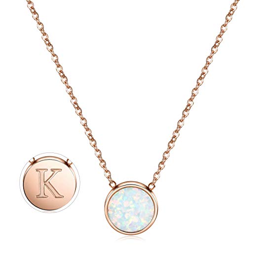 CIUNOFOR Opal Necklace Gold Plated Round Disc Initial Necklace Engraved Letter Necklace with Adjustable Chain Pendant Enhancers for Women Girls
