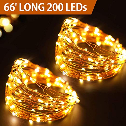 Bright Zeal 66' LONG Warm White Copper Wire LED Fairy Lights Battery Operated with Timer - Warm White LED Christmas String Lights Brown Wire Outdoor Waterproof Warm White LED String Lights Copper Wire