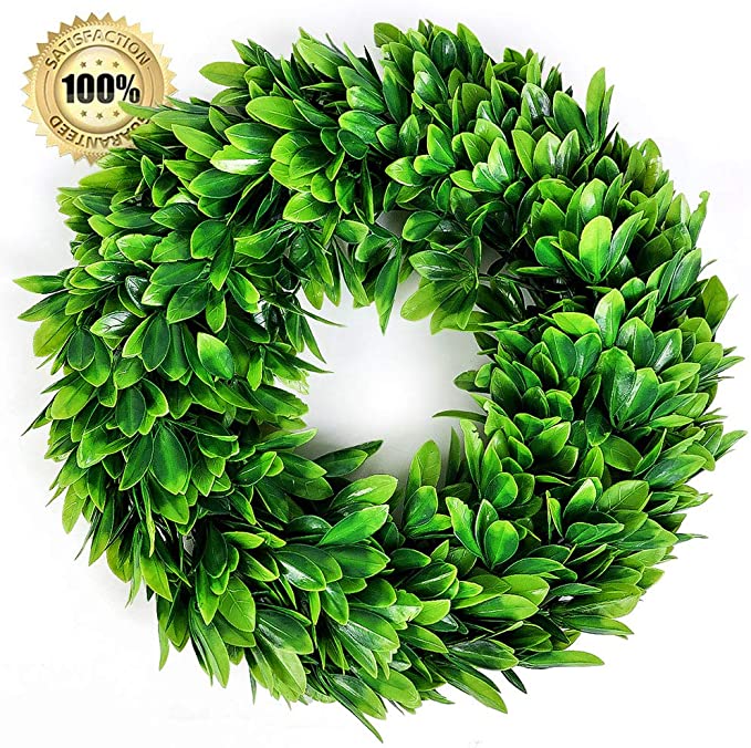 LASPERAL 17" Artificial Green Leaves Wreath Eucalyptus Wreath Boxwood Wreath Round Green Wreath Outdoor Green Wreath Front Door Wall Window Party Décor