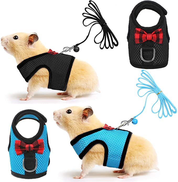 2 Pieces Guinea Pig Clothes Soft Mesh Guinea Pig Harness with Safe Bell, Baby Ferret Harness and Leash Set for Hamster, Baby Ferrets, Rats, Guinea Pig, Chinchilla, Teacup Chihuahua (Blue, Black,S)