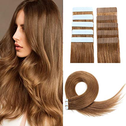 Tape in Hair Extensions Remy Human Hair 14inch 40g 20pcs Straight Seamless Skin Weft Tape Hair Extensions(14inch, 8# Light Brown)