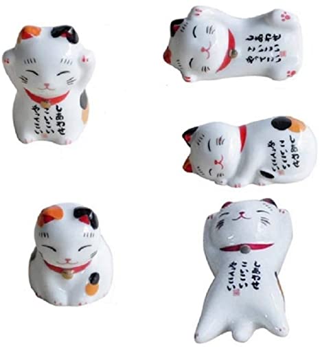 DMtse Set of 5 Cute Ceramic Lucky Cat Chopsticks Rest Stand For Chopstick Spoon Fork Knife Holder