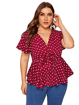 Romwe Women's Plus Size V Neck Short Sleeve Knot Front Polka Dot Blouse