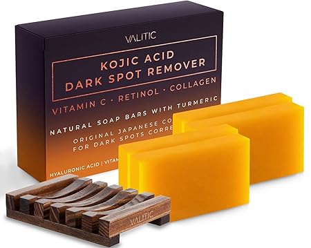 Valitic Kojic Acid Dark Spot Remover Soap Bars with Vitamin C, Retinol, Collagen, Turmeric - Original Japanese Complex Infused with Hyaluronic Acid, Vitamin E, Shea Butter, Castile Olive Oil (4 Pack) - With Soap Holder