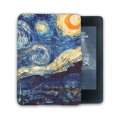 Kandouren Kindle Voyage Case - Van gogh Starry sky Unique Art Skin,Lighted Slim Leather Cover with Smartshell Autoweek function,blue color