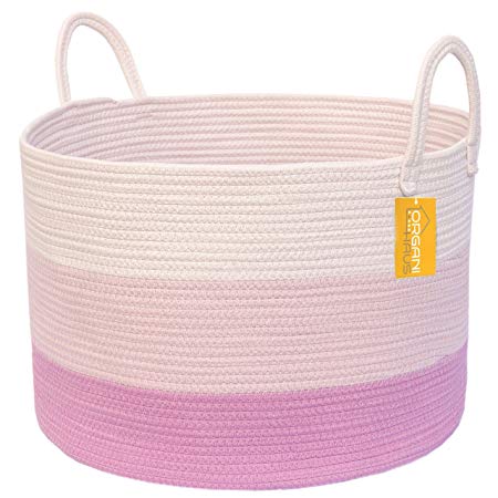 OrganiHaus XXL Extra Large Cotton Rope Basket | 20"x13.5" Blanket Storage Basket with Long Handles | Decorative Clothes Hamper Basket | Baby and Kids Room Toy Bin | Blanket Basket (Baby Pink)