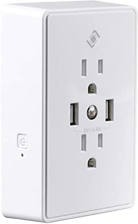 Wireless Smart Plug Wall Outlet - White (Recessed Back) with 2 Receptacles 15A, 2 USB 4.8A Ports, Night Light, No Hub Required, Compatible with Alexa & Google Home - from Stitch Smart Home Collection