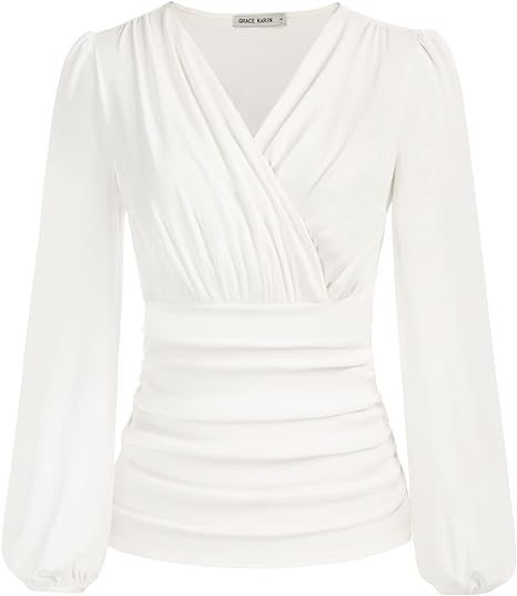 GRACE KARIN Womens Tops Elegant Surplice Wrap Blouse V Neck Lantern Long Sleeve Slim Fit Ruched Top