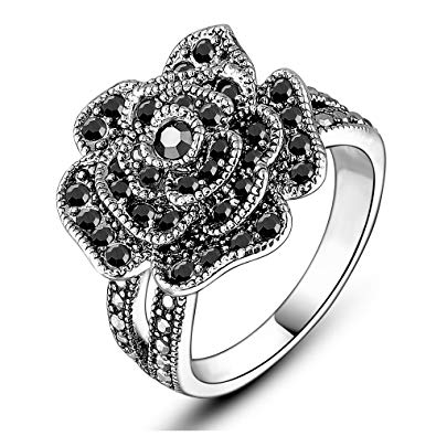 Mytys Vintage Fashion Flower Ring Rose Ring Black Marcasite Stones Paved Statement Rings for Women Girls Silver Plated