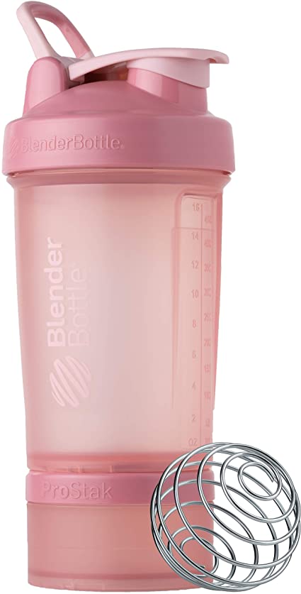 BlenderBottle Shaker Bottle with Pill Organizer and Storage for Protein Powder, ProStak System, 22-Ounce, Rose Pink