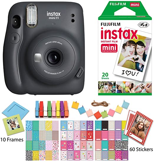 Fujifilm Instax Mini 11 Charcoal Gray Instant Camera with Twin Pak Instant Film, Ritz Gear Frame Stickers and Ritz Gear Hanging Frames