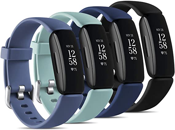 Maledan Compatible with Fitbit Inspire 2 Bands Men Women, (4 Pack) Soft Silicone Replacement Bands for Inspire 2, Large Blue Gray/Black/Blue/Aqua