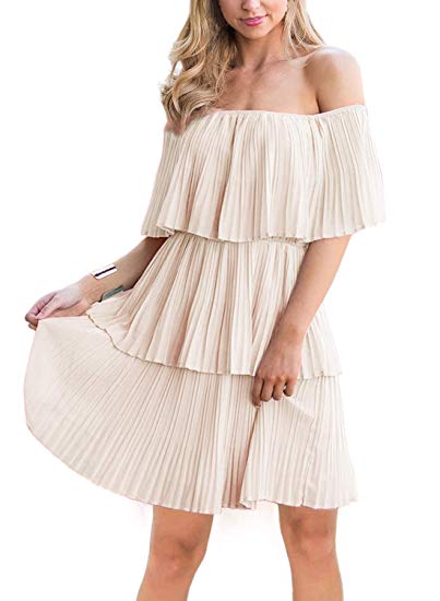 BEBPILOO Women's Off The Shoulder Mini Layered Ruffle Dress Summer Short Sleeve Loose Casual Chiffon Party Beach Dress