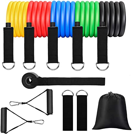 GRM Resistance Bands Set, Exercise Bands with Handles, Door Anchor, Legs Ankle Straps, Carry Bag, Fitness Bands for Resistance Training Physical Therapy Home Workouts (11 Pack)