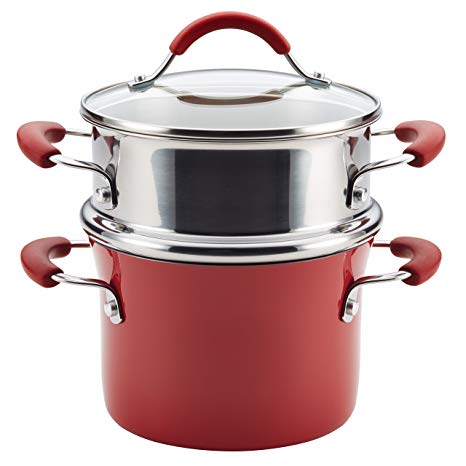 Rachael Ray Cucina Hard Porcelain Enamel Nonstick Multi-Pot/Steamer Set, 3-Quart, Cranberry Red