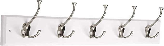 129848 Coat Rack, 27-Inch, Wall Mounted Coat Rack with 5 Decorative Hooks, Satin Nickel and White 1 Pack