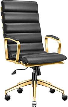 LUXMOD Deluxe (Gold) Office Chair, High Back Desk Chair for Extra Back and Lumbar Support, Black Executive Chair, Ribbed Office Chair with Leather, Ergonomic Office Chair Leather Gold Black