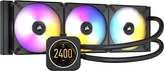 Corsair iCUE H150i ELITE LCD Display Liquid CPU Cooler (Custom IPS LCD Screen, 48 Dynamic RGB LEDs, 120mm Fans, 360mm Radiator, Corsair Commander Core Smart Lighting Controller Included) Black