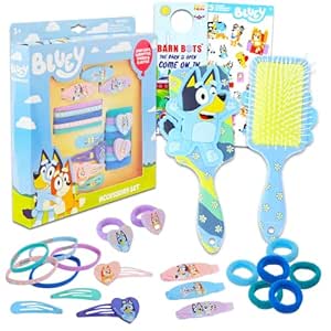 Bluey Hair Accessories Set for Girls - Bundle with Bluey Hair Brush, 3 Snap Clips, 4 Barrettes, 8 Terries, 5 Elastics, and More | Bluey Hair Accessories for Girls