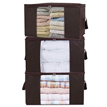 Lifewit Large Capacity Clothes Storage Bag Organizer with Reinforced Handle Thick Fabric for Comforters, Blankets, Bedding, Foldable with Sturdy Zipper, Clear Window, 3 Pack, Brown