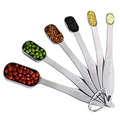 EVOIO 18/8 Stainless Steel Measuring Spoons, Set of 6 with Bonus Leveler Narrow Accurate Cooking Spoons Design,Fits in Spice Jars for Home Kitchen