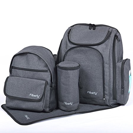 Filberry Backpack Diaper Bag Set – Large & Small Backpacks zip together for an Extra Large backpack! – - Grey