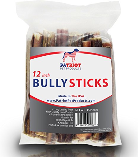 Patriot Pet Bully Sticks - Low Odor Made In USA Dog Treats - Low Fat High Protein USDA Approved