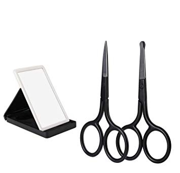 NVTED 2PCS Facial Hair Scissors,Curved and Rounded Facial Hair Scissors Nose Hair Eyebrow Beard Eyelashes Ear Hairs and Moustache Trimmer with Foldable Mirror For Men