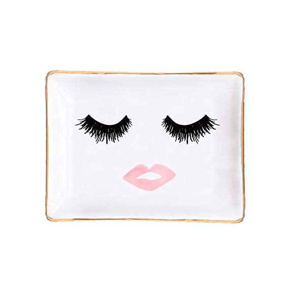 Eyelashes and Lips Face Ceramic Jewelry Dish | Gift for Her Pink and Gold Office Decor Lashes Makeup Cosmetic Bridesmaid Organizer Trinket Tray Small Eyelash Desk Accessories Hand Drawn