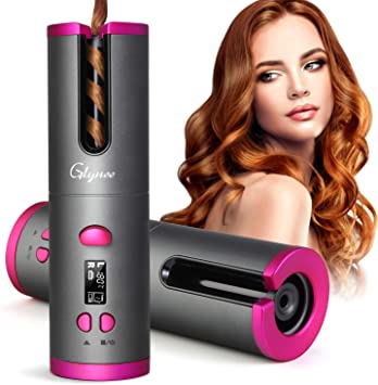 Cordless Automatic Hair Curler,Glynee Multi-Function Adjustable Temperature with LCD Temperature Display and Timer USB Charging Intelligent Curler