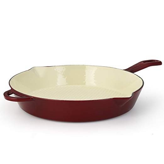Essenso Enameled Cast Iron Skillet Frying Saute Fry Pan, Enamel - Ceramic Coated, 11" Dark Red / Cherry / Cream, Induction and Glass Stove Compatible